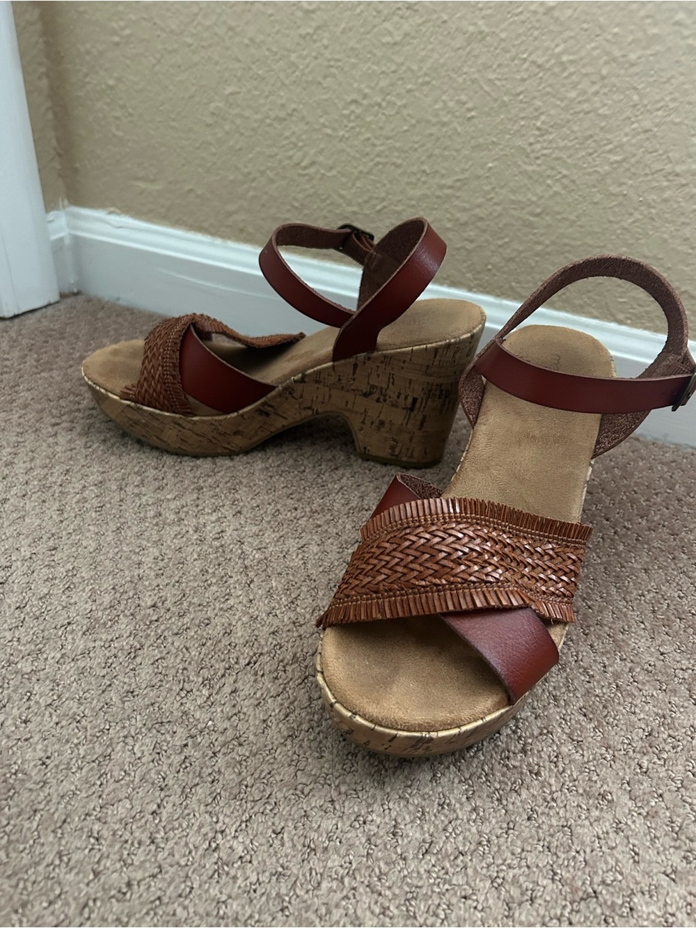 Maurices Tan/Brown Woven Leather Wedge Sandals